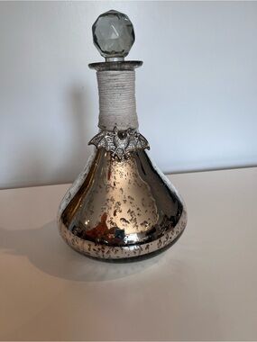 Silver Mercury Glass Decorative Halloween Decanter with Bat Accent